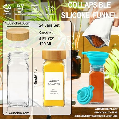 AISIPRIN Glass Spice Jars with 398 Labels, 24 pcs 4oz Spice Containers with Bamboo Lids, Square Spice Bottles With Shaker Lids,Spice Organization for Cabinet,Drawer,Rack,Seasoning Organizer