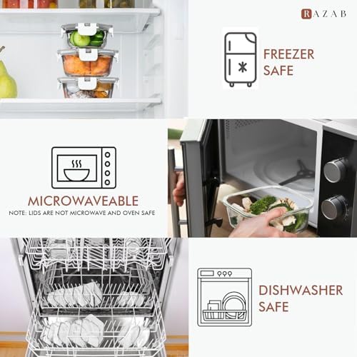 Razab 30 PC Glass Food Storage Containers with Lids - Reusable Glass Meal Prep Containers for Lunch and Leftovers - Airtight & Leakproof Snap Locking Lids - Oven, Freezer, Microwave, Dishwasher Safe