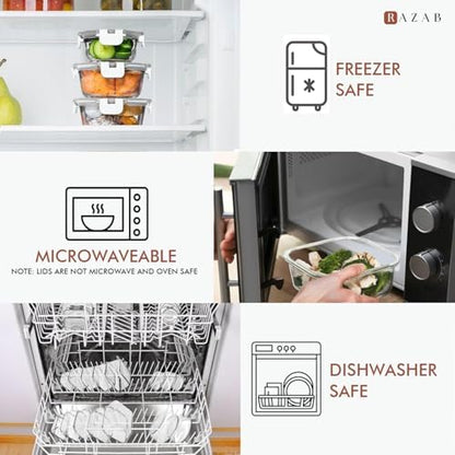 Razab 30 PC Glass Food Storage Containers with Lids - Reusable Glass Meal Prep Containers for Lunch and Leftovers - Airtight & Leakproof Snap Locking Lids - Oven, Freezer, Microwave, Dishwasher Safe