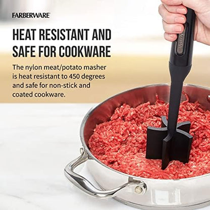 Farberware Meat Masher and Chopper Tool with 5 Beveled Blades - Ground Beef Chopper, Potato Masher, Batter Stirrer - Heat Resistant to 450 F, Dishwasher Safe