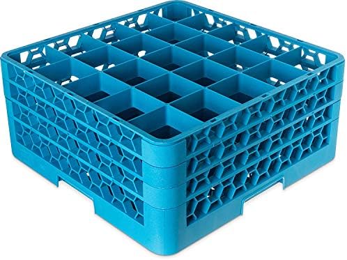 Carlisle FoodService Products OptiClean 25-Compartment Glass Racks With 3 Extenders for 3.19" Cups – Glass Racks for Restaurants Scratch-Resistant Texture, Blue