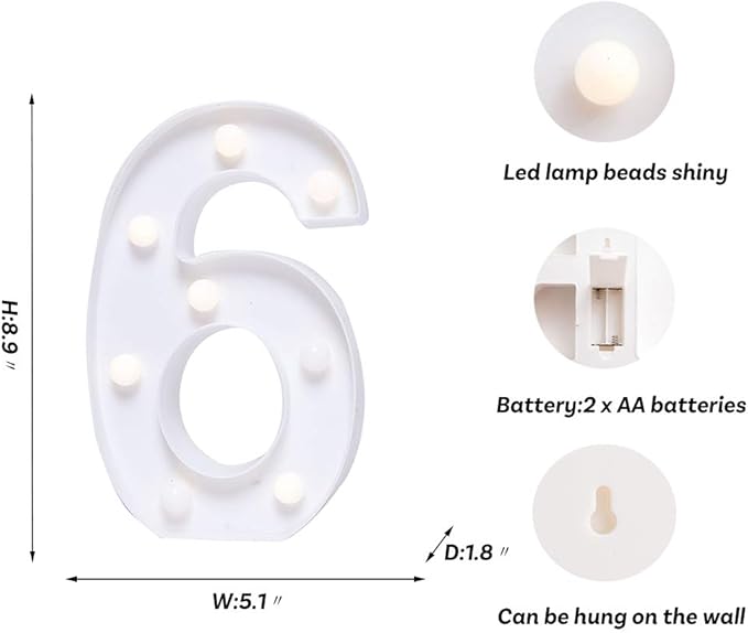 Foaky Decorative Led Marquee Light Up Number, Marquee Light Up Number Sign for Night Light Wedding Birthday Party Christmas Home Bar Decoration Number(6)
