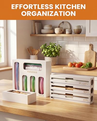 Bamboo Foil and Plastic Wrap Organizer for Kitchen Drawer, 9 in 1 Plastic Bag Organizer Organization and Storage, Food Storage Bag Organizer with Labels for Quart Gallon Snack (White)