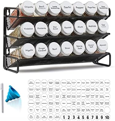 SpaceAid Spice Rack Organizer with 21 Spice Jars, 386 Spice Labels, Chalk Marker and Funnel Set for Cabinet, Countertop, Pantry, Cupboard or Door & Wall Mount - 21 Jars, 13.4" W × 9" H, White