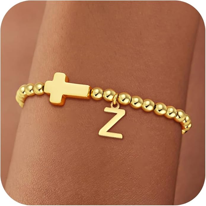 Gold Initial Bracelets for Women Girls - 18K Gold Plated Cross Initial Bracelet Dainty Beaded Bracelet Gold Bracelets for Women Teen Girl Gifts