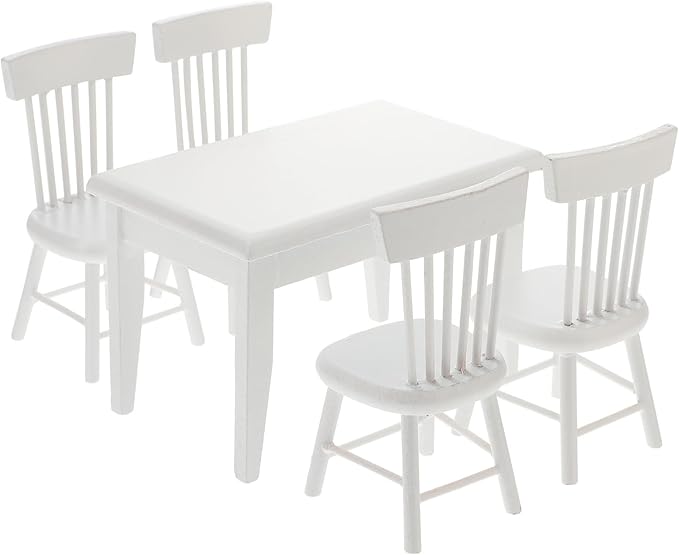 Homoyoyo 5 PCS 1/12 Wooden Dollhouse Furniture of Table Chair, Mini House Miniature Dining Table Chair, Miniature Furniture Set Dollhouse Accessories(White)