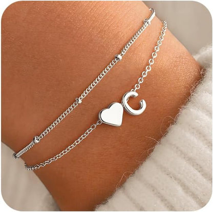 M MOOHAM Initial Heart Bracelets for Women - Layered Dainty 14K-Gold-Plated Heart Letter A-Z Charm Bracelets for Women, Chain Link Charm Bracelets Beaded Bracelets Birthday Gifts Womens Jewelry