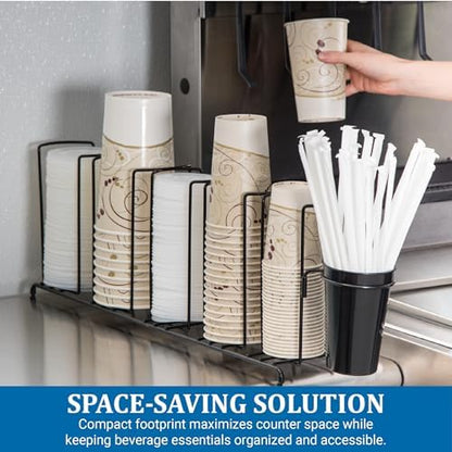 San Jamar Wireworks Cup and Lid Wire Organizer 5 Stacks with Straw Caddy for Restaurants, Dining Halls, and Fast Food, Steel Wire, 8.5 x 27.5 x 5.25 Inches, Black