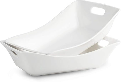 YHOSSEUN Large Serving Bowls with Handles White Serving Dishes For Entertaining, 1.5 Quarts Ceramic Bowl Set Rectangle Serving Platter for Thanksgiving, 2 Pack