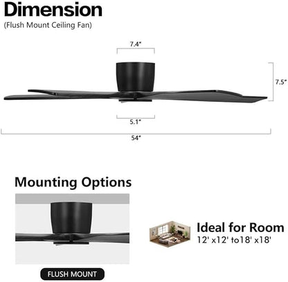WINGBO 54" Flush Mount DC Ceiling Fans Without Lights, 5 Carved Solid Wood