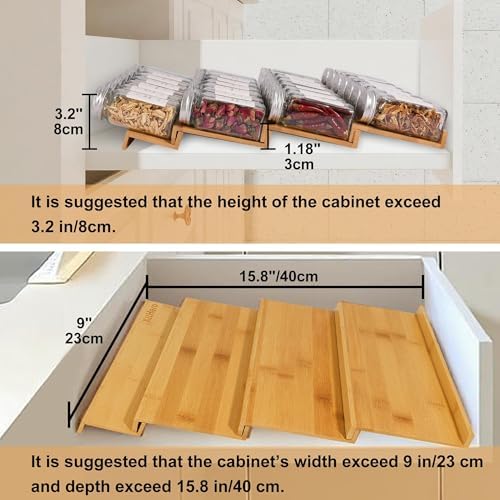 Spice Drawer Organizer with 20 Spice Jars,216 Labels,50 Non-slip Rubber, Bamboo 4 Tier Seasoning Rack Tray Insert for Kitchen Drawers,Cabinets,Countertop,9" Wide x 15.8" Deep