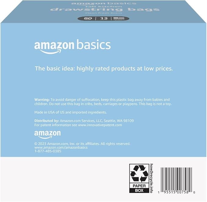 Amazon Basics Tall Kitchen Drawstring Trash Bags, Clean Fresh Scent, 13 Gallon