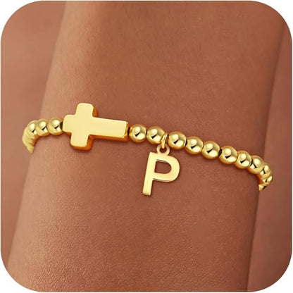 Gold Initial Bracelets for Women Girls - 18K Gold Plated Cross Initial Bracelet Dainty Beaded Bracelet Gold Bracelets for Women Teen Girl Gifts
