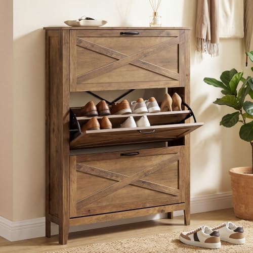 VASAGLE Farmhouse Shoe Cabinet, Narrow Storage Organizer, 3 Flip Drawers