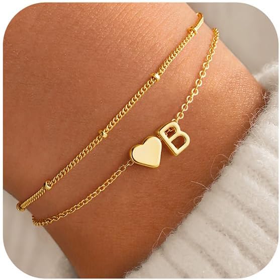M MOOHAM Initial Heart Bracelets for Women - Layered Dainty 14K-Gold-Plated Heart Letter A-Z Charm Bracelets for Women, Chain Link Charm Bracelets Beaded Bracelets Birthday Gifts Womens Jewelry