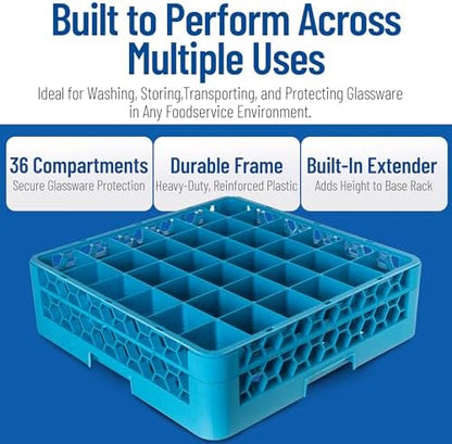 Carlisle FoodService Products 36 Compartment Glass Racks with 1 Extender - Fits 2.69" Diameter White Wine Glasses, Tumblers, Narrow Bowl Stems, 2.94" Compartments, Tamper Proof, Blue