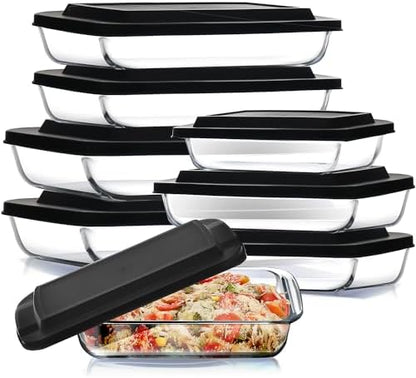 Nestl 16 pc Glass Baking Dishes for Oven, Glass Food Storage Containers with Lids, Leakproof Casserole Dishes for Oven with Lid, Cooking, Microwave Oven Freezer Safe Bakeware, 9x13 Lasagna Pan Black