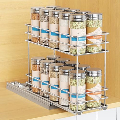 Mystozer Pull Out Spice Rack Organizer for Cabinet, Slide Out Spice Racks, Easy to Install, 4.33" Wx10.43 Dx8.66 H, 1 Drawer 2 Tiers(Silver)