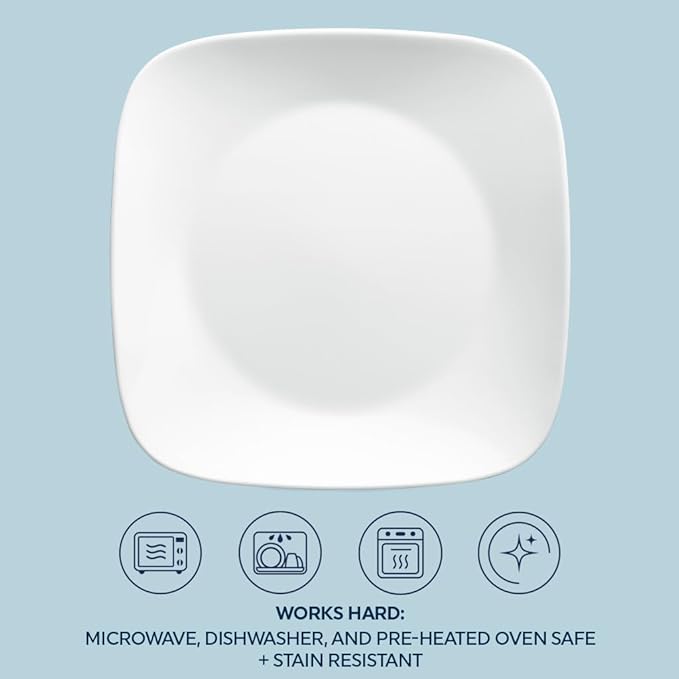 Corelle Vitrelle 18-Piece Service for 6 Square Dinnerware Set Triple Layer Glass and Chip Resistant, Lightweight Square Plates and Bowls Set, Pure White