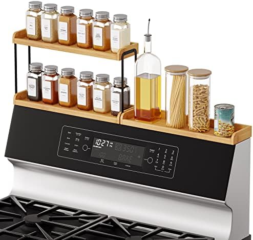 SpaceAid 30" Wide Kitchen Shelf Organizer for Stove, Magnetic Bamboo Spices Shelf for Home Stove Kitchen Storage Organization (Fit for Flat Top Only, 2-Tier)