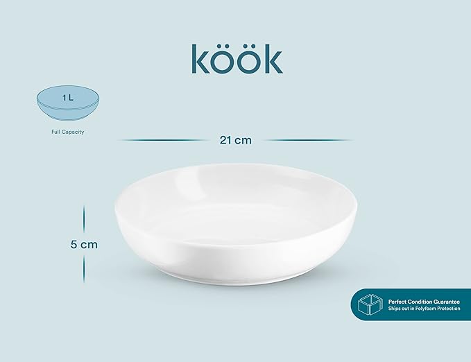 KooK Pasta Bowl, Salad Bowls, Bowls, Serving Bowls, Soup, Ceramic, Large Capacity, Microwave & Dishwasher Safe, Set of 4, 40 Oz, (White)