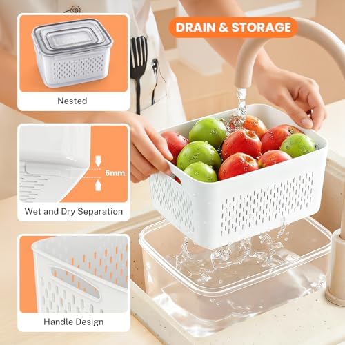 8 Pieces Fruit Storage Containers for Fridge with Lids and Strainer