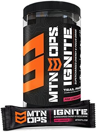 MTN OPS Ignite Trail Packs Energy Drink Powder, Gluten Free Nootropic Supplement Drink Mix, L Arginine, L Citrulline, Caffeine & Nootropic Sugar Free Drink Mix, 20 Servings, Pink Lemonade