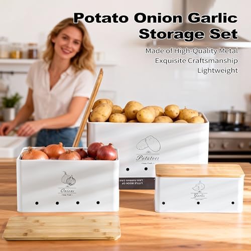 Metal Potato Onion Garlic Storage Tin Set of 3, White