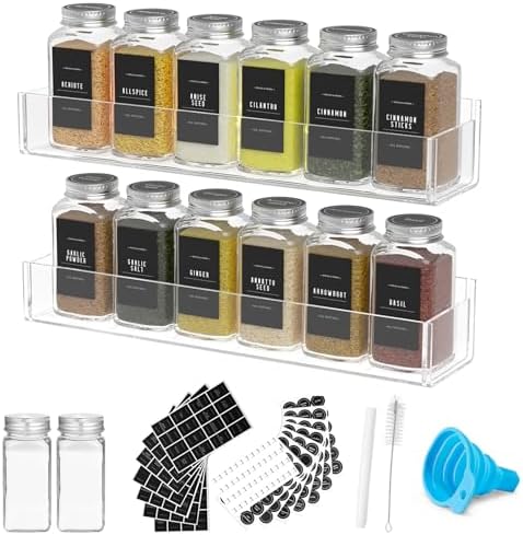 PMMASTO 2-Pack Clear Acrylic Self-Adhesive Spice Racks with 12 Empty Jars