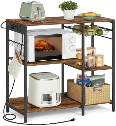 VASAGLE Kitchen Baker’s Rack, Steel Frame, Wire Basket, 6 Hooks
