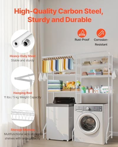 VEVOR Over the Washer and Dryer Storage Shelf, 6 Tier Laundry Room Drying Rack with Hanger Rod and Hooks, Adjustable Over Washer and Dryer Shelves, Laundry Room Shelf Storage Space Saver, White