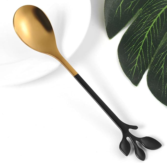 AnSaw Elegant Black & Gold Leaf Espresso Spoons