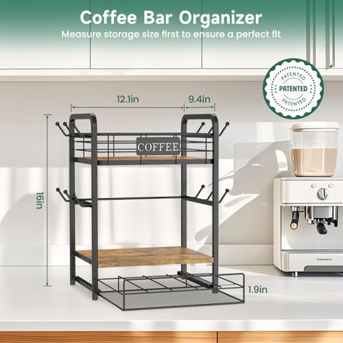 EsLuker.ly Coffee Bar Organizer Station Shelf Mug Holder, with 12 Hooks