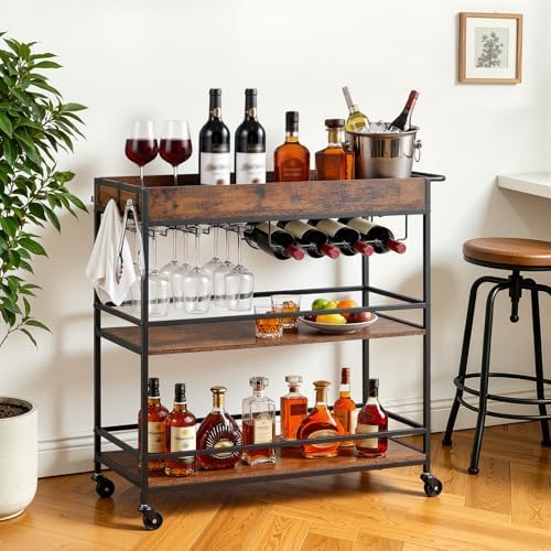 VEVOR Bar Cart with Wheels, Large Wide 3-Tier Rolling Serving Cart, 34.64-Inch Beverage Station with Wine Rack, Glass Holder and S Hooks for Home Kitchen, Rustic Brown and Black