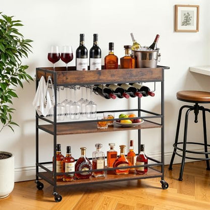VEVOR Bar Cart with Wheels, Large Wide 3-Tier Rolling Serving Cart, 34.64-Inch Beverage Station with Wine Rack, Glass Holder and S Hooks for Home Kitchen, Rustic Brown and Black