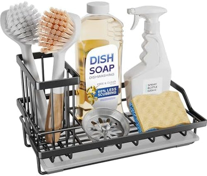 SWTYMIKI Large Sink Caddy Kitchen Sink Organizer with Detachable Brush Holder, Stainless Steel Sponge Holder with Removable Drip Tray Sponge Caddy for Kitchen Countertop, Black