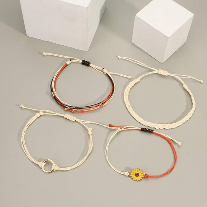 FANCY SHINY Sunflower String Bracelet Boho Braided Rope Wrap Bracelets Cute Summer Beach Surfer Jewelry for Women Christmas Gifts
