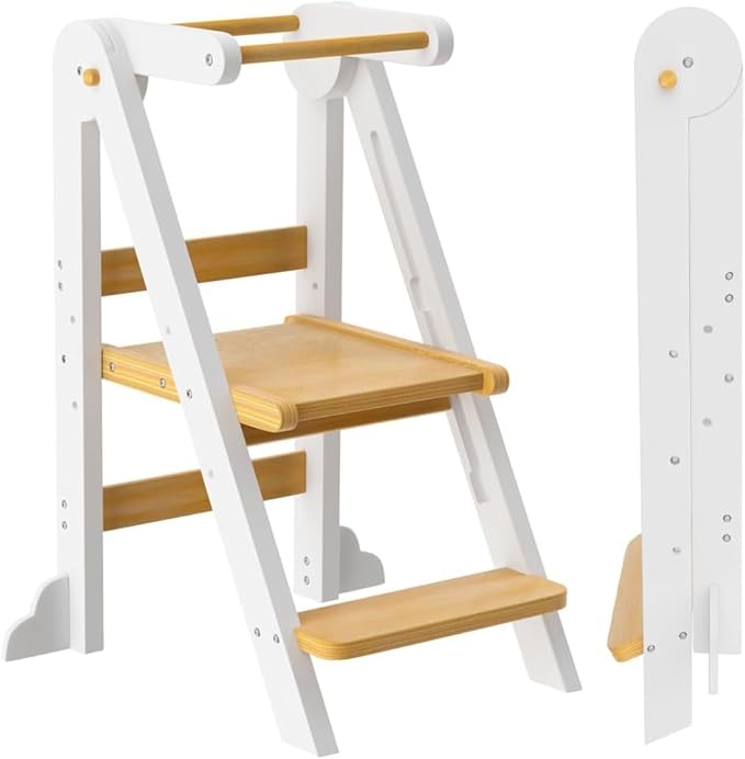 Toddler Tower, Foldable Step Stool for Toddlers, Toddler Kitchen Stool Helper with 3 Adjustable Height Safty Rail and Anti-Tip Structure, Learning Tower for Toddlers Baby Kids