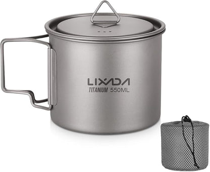 Lixada Titanium Pot, Lightweight Camping Pot Titanium Cup Titanium Backpacking Pot with Portable Foldable Handles for Outdoor Camping Hiking Backpacking