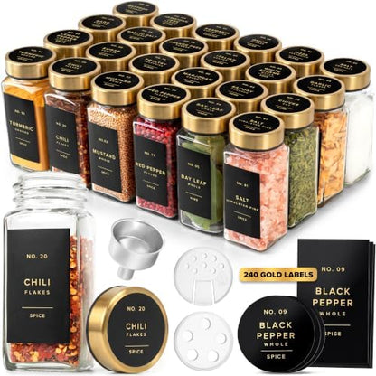 EDELHAUS Glass Spice Jars with Label, 24x Gold Stainless Steel Lids