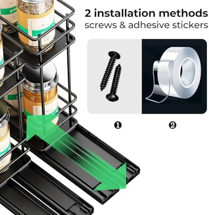Mystozer Pull Out Spice Rack Organizer for Cabinet, Slide Out Spice Racks, Easy to Install Spice Cabinet Organizers, 5.2" Wx10.43 Dx8.26 H, 2 Packs 2 Tiers(Black)