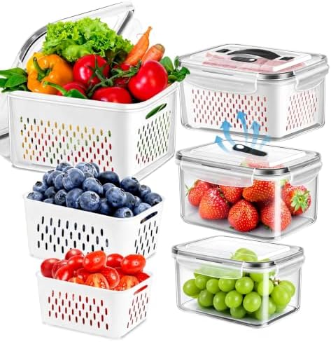 4 Pack Fridge Fruit Storage Containers with Colander, Vent and Handle