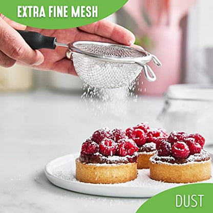 GreenLife Cooking Tools and Utensils, 4 Piece Extra Fine Stainless Steel Mesh Strainer Kitchen Set, Stay Cool Handles, Dishwasher Safe, BPA-Free, Grey