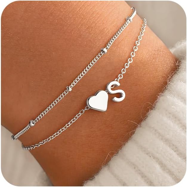 M MOOHAM Initial Heart Bracelets for Women - Layered Dainty 14K-Gold-Plated Heart Letter A-Z Charm Bracelets for Women, Chain Link Charm Bracelets Beaded Bracelets Birthday Gifts Womens Jewelry