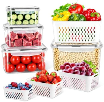 8 Pieces Fruit Storage Containers for Fridge with Lids and Strainer