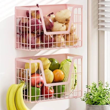 2 Pack Magnetic Shelves for Fridge, Pink Magnet Wire Fruit Baskets