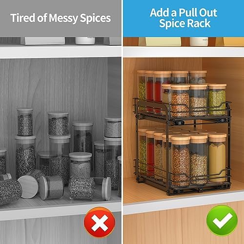 BOIVSHI Spice Rack, Pull Out Spice Racks Organizer for Cabinet, Height Adjustable Heavy Duty Metal Basket for Inside Cabinets & Pantry Closet (2 Tier,7.5''Wx10.5''Dx9.5''H)