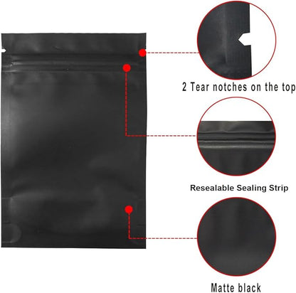 STUs 100 Pack Smell Proof Bags 3.1 x 5.1 Inch Resealable Stand-Up Mylar Bags Foil Pouch Double-Sided Pouch Matte Black