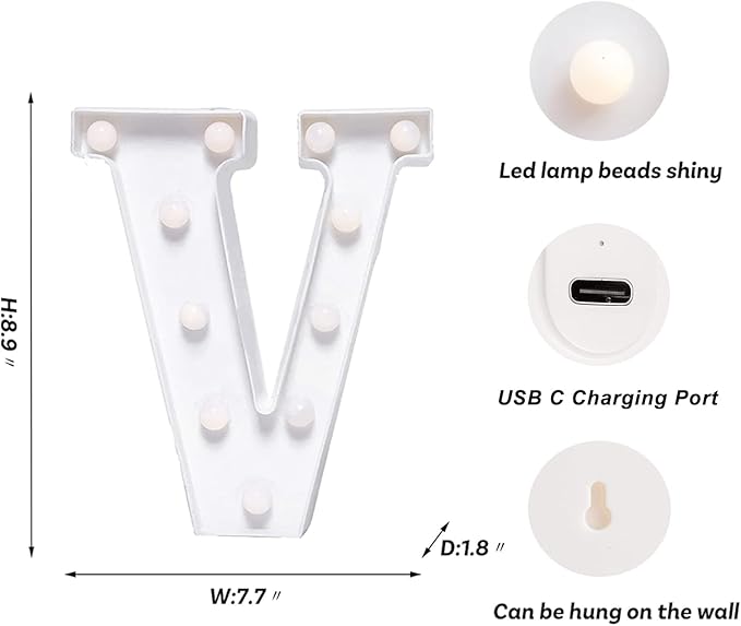 Foaky Rechargeable LED Letter Lights Sign Marquee Light Up Letters Sign for Night Light Wedding/Birthday Party Christmas Lamp Home Bar Decoration (V)