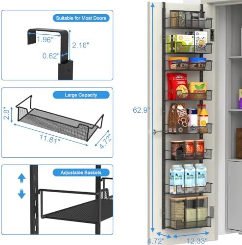 VyGrow 12.3" W Narrow Over the Door Pantry Organizer, 8-Tier Over the Door Organizer with Adjustable Basket, Pantry Door Organization for Pantry Kitchen Storage Room Spice Rack, Black